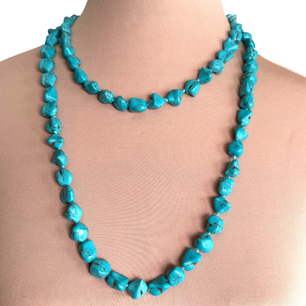 Turquoise Color Nugget Long Necklace 46" Continuous Strand